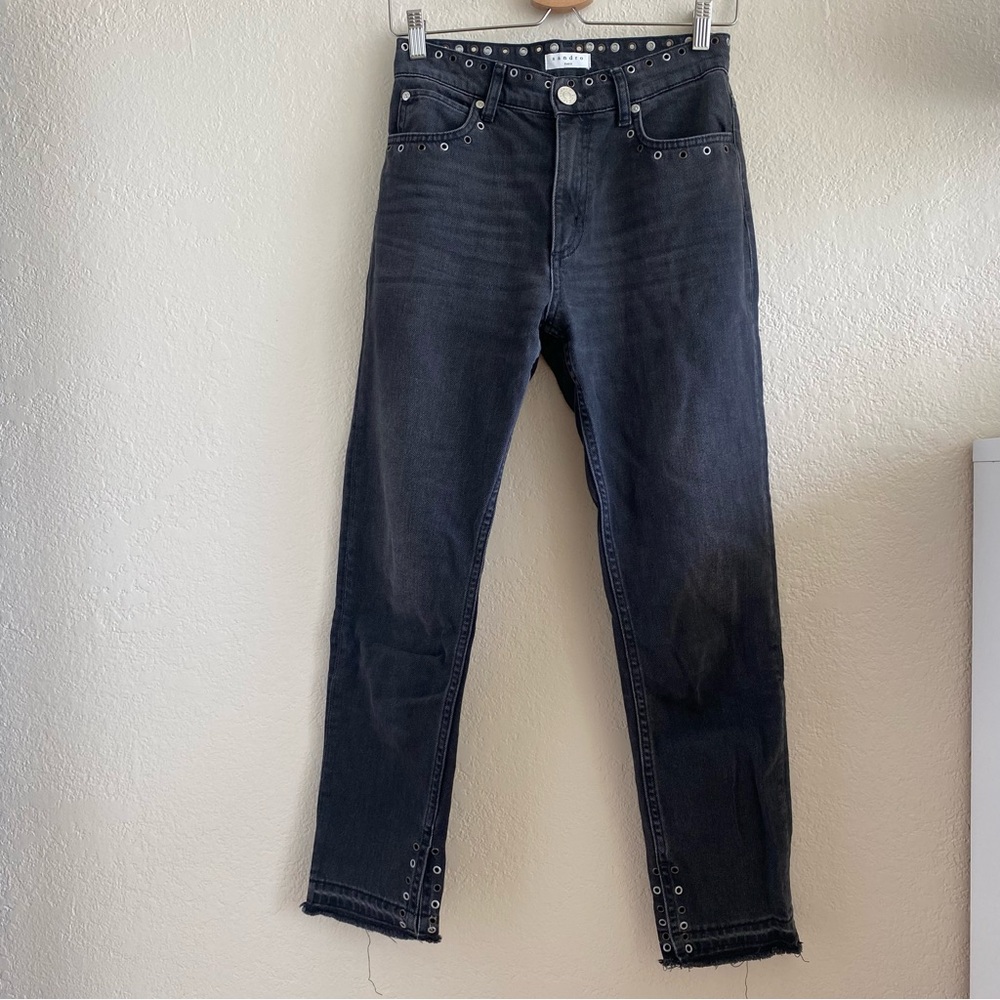 Sandro fray hem black straight leg jeans with metal details FR36 Size Small